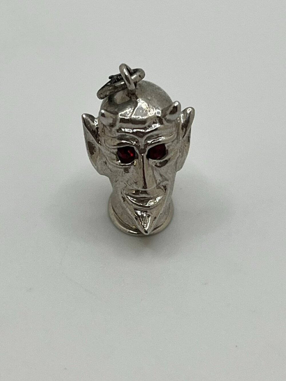 Vintage Sterling Silver Devil Face Head Pendant Charm Red Garnet Eyes